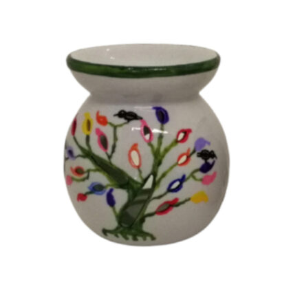 Brûle-parfum blanc avec peinture représentant un arbre de vie coloré