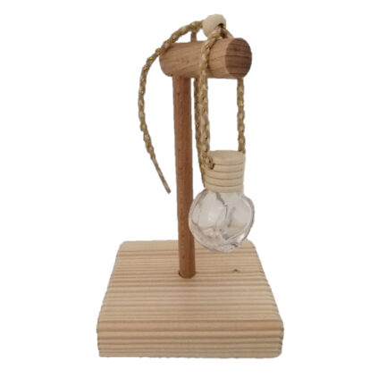 Diffuseur voiture en forme de petite bouteille ronde en verre avec un bouchon en bois et une cordelette
