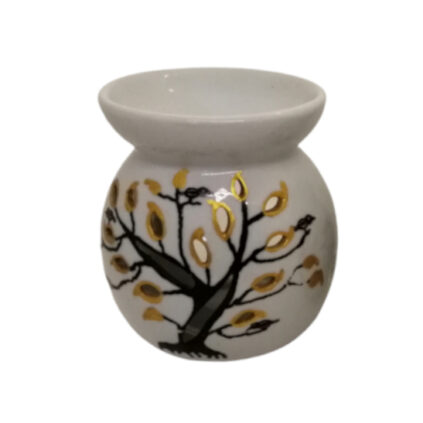 Brûle-parfum blanc avec peinture représentant un arbre de vie en or