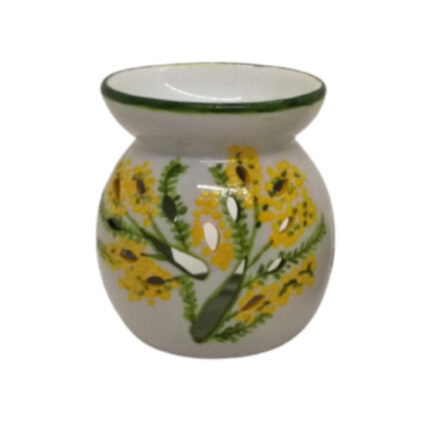 Brûle-parfum blanc avec peinture représentant un plant de mimosa
