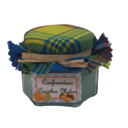 Bougie bleue en forme de pot de confiture parfumée à la baie des caraïbes et melon