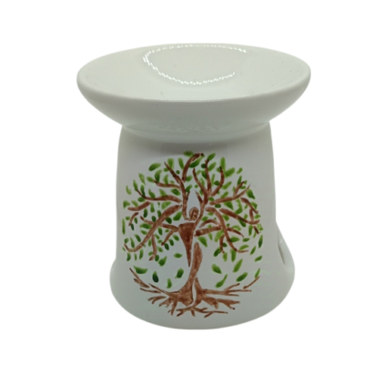 Brûle-parfum blanc avec peinture représentant un arbre de vie vert et marron où l'on distingue le corps d'une femme