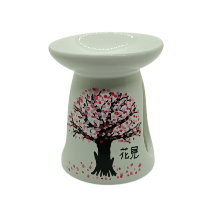 Brûle-parfum blanc avec peinture représentant un cerisier et une écriture japonaise signifiant "Hanami"