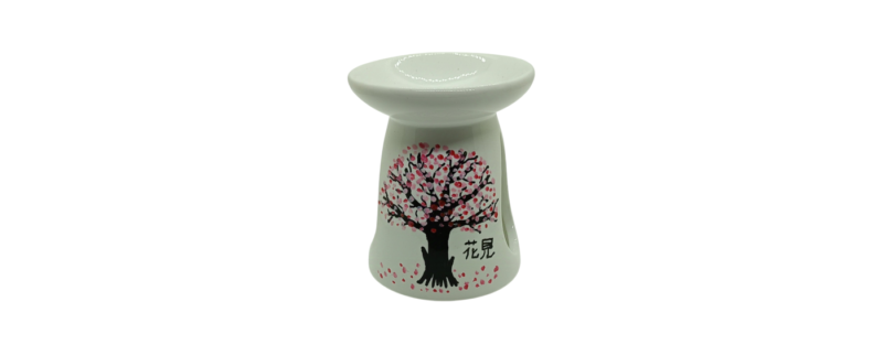 Brûle-parfum blanc avec peinture représentant un cerisier et une écriture japonaise signifiant "Hanami"