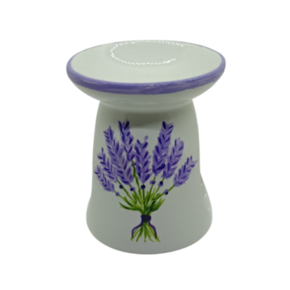 Brûle-parfum blanc avec peinture représentant un bouquet de fleurs de lavande