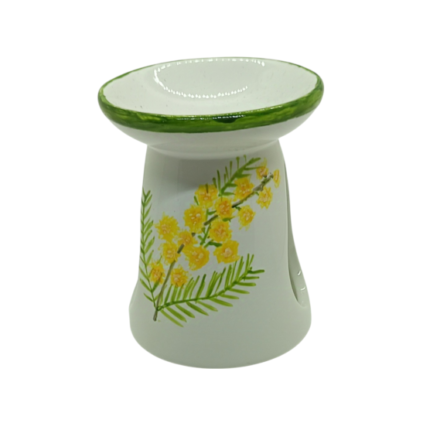 Brûle-parfum blanc avec peinture représentant une branche de mimosa