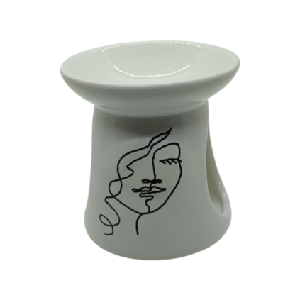 Brûle-parfum blanc avec peinture représentant une femme les yeux fermés en style One Line Drawing